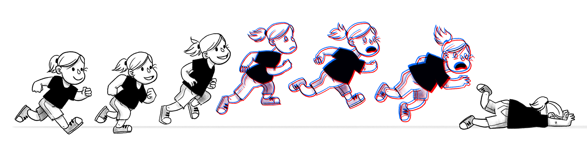 Illustration of a person running, jumping, and falling
