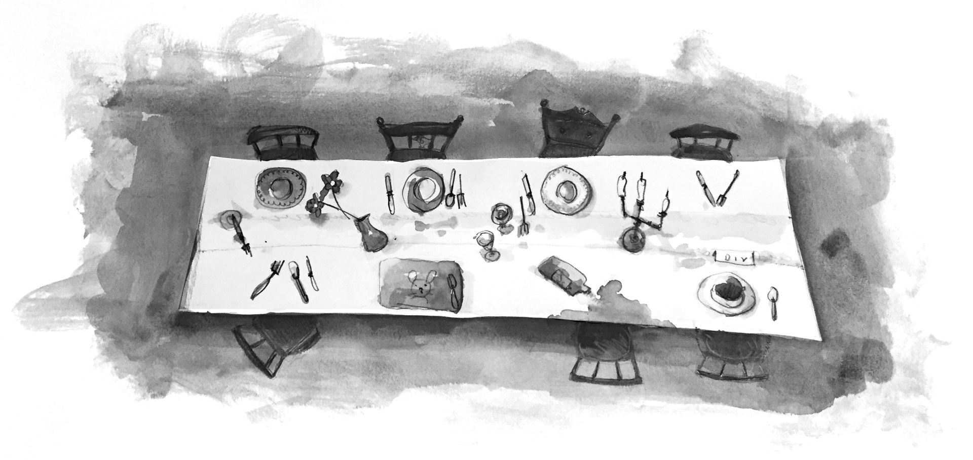 Illustration: A bird's eye view of a table with different dishes, chairs, and place settings in each spot.