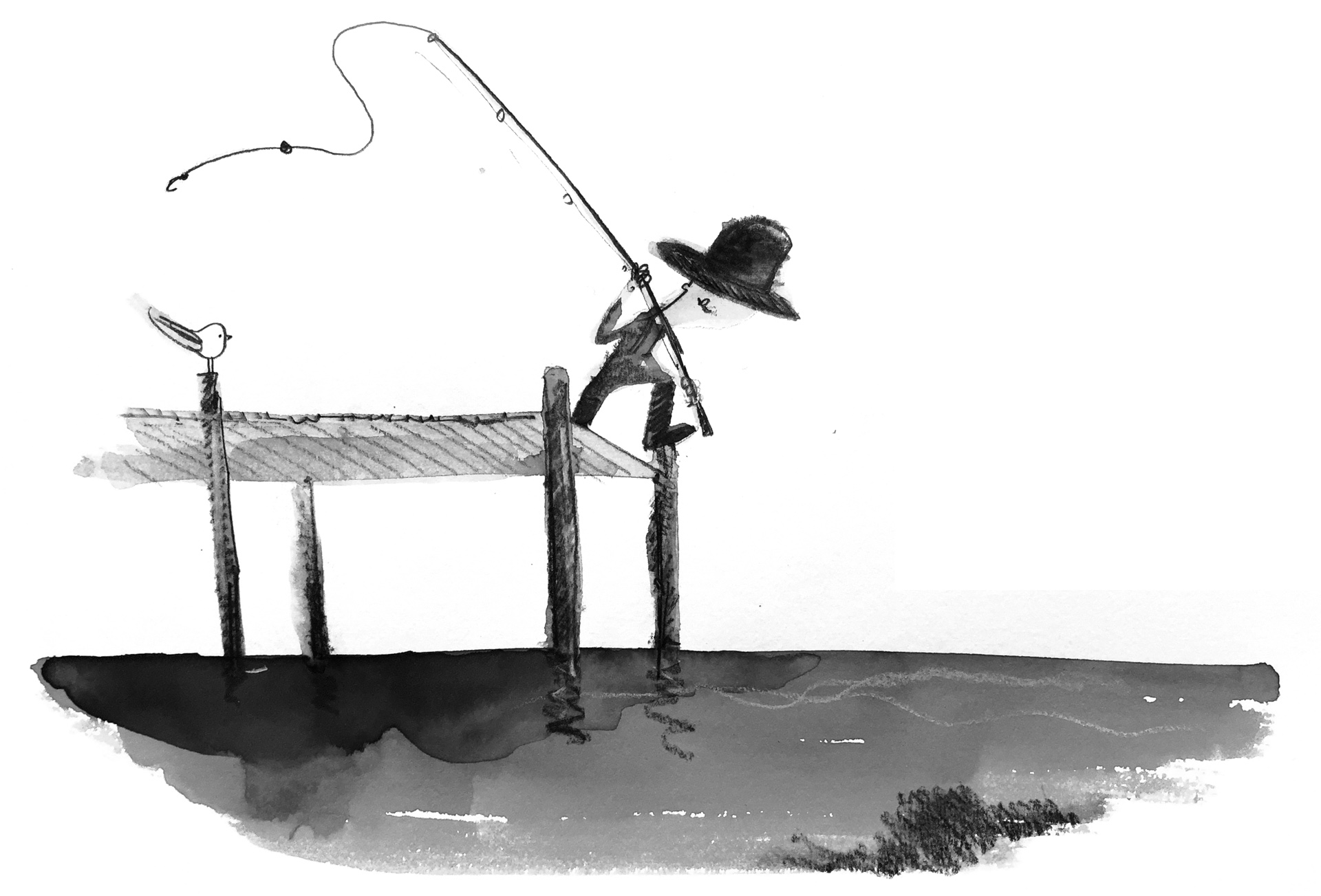 Illustration of a fisherman casting his line off of a pier