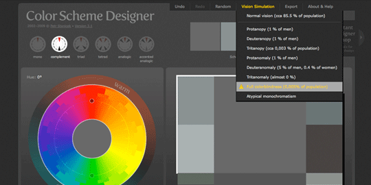 Color Scheme Designer simula il daltonismo completo.