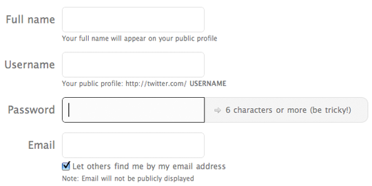La pagina di registrazione di Twitter mostra le richieste di formato accanto al campo password.