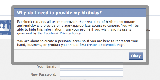 Il dialogo modale di Facebook spiega perché gli utenti devono fornire la loro data di nascita al momento dell'iscrizione.