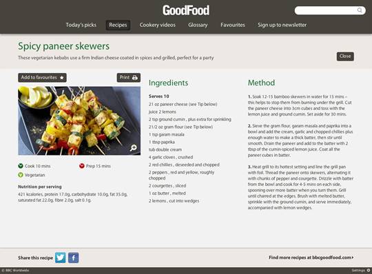 L'interfaccia dell'applicazione BBC Good Food