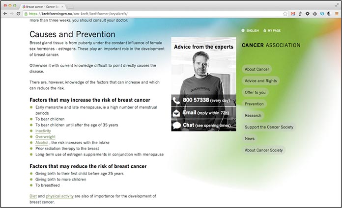 Screenshot di una pagina sul cancro al seno, che mostra del testo sulle cause e sulla prevenzione a sinistra e il box della helpline sul cancro a destra.