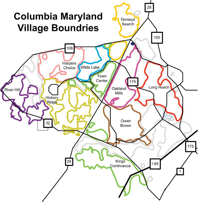 Mappa che mostra i quartieri di Columbia, Maryland.