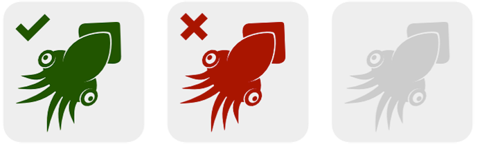 Una legenda per i tre simboli dei calamari che verranno usati nei seguenti diagrammi. Un calamaro verde (per gli elementi selezionati), un calamaro rosso (per gli elementi non selezionati) e un calamaro grigio per gli elementi che non esistono