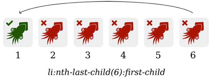 Dei sei calamari, il primo è verde e il resto sono rossi. Il primo è soggetto al selettore nth-last-child(6) così come al selettore first-child
