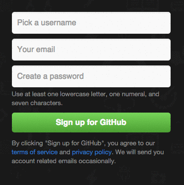 Screenshot animato della form di signup di GitHub, che fornisce un feedback in tempo reale per eventuali errori nei campi username, email e password.