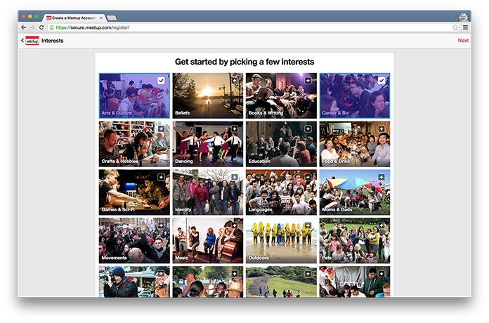 Screenshot dello stage di selezione degli interessi di Meetup nel loro processo di onboarding.