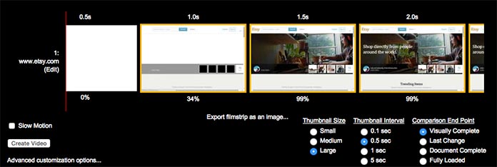 Screenshot da WebPagetest.org in Filmstrip View che mostra il modo in cui il sito s carica a intervalli di mezzo secondo.