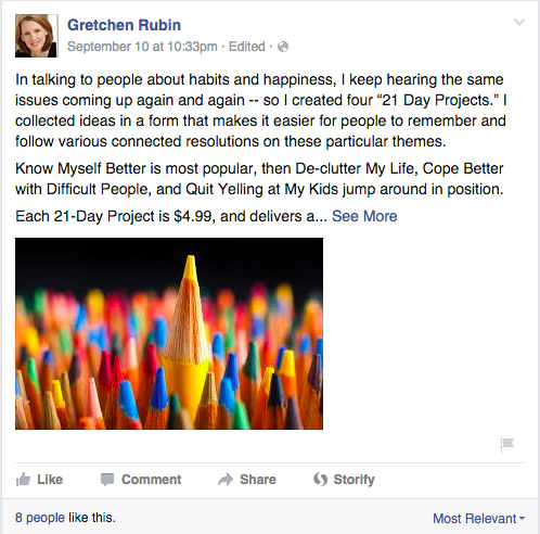 Screenshot di un post su Facebook della scrittrice Gretchen Rubin, che mostra che il post è tagliato con un link 'see more'.