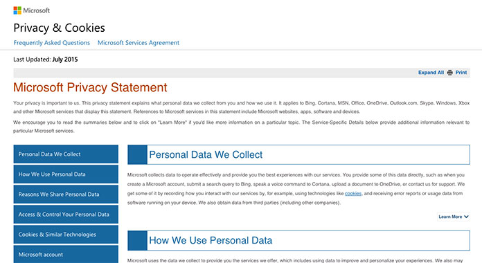 Screenshot della privacy policy di Microsoft.