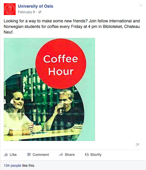 Screenshot di un post di Facebook della University of Oslo che pubblicizza un evento studentesco senza link ad ulteriore contenuto.