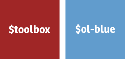 I colori del brand, $toolbox e $ol-blue, per un ipotetico sito chiamato Gullfoss Travel Supply Co.