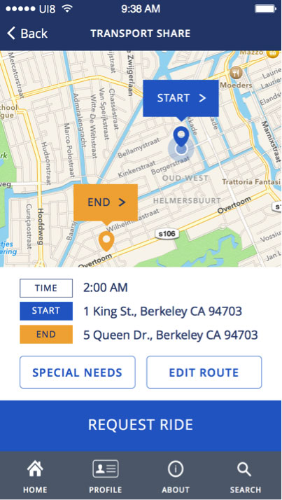 Screenshot del riassunto della richiesta di passaggio, che mostra una mappa con i marker per “Start” e “End” ma nessun percorso fra questi.