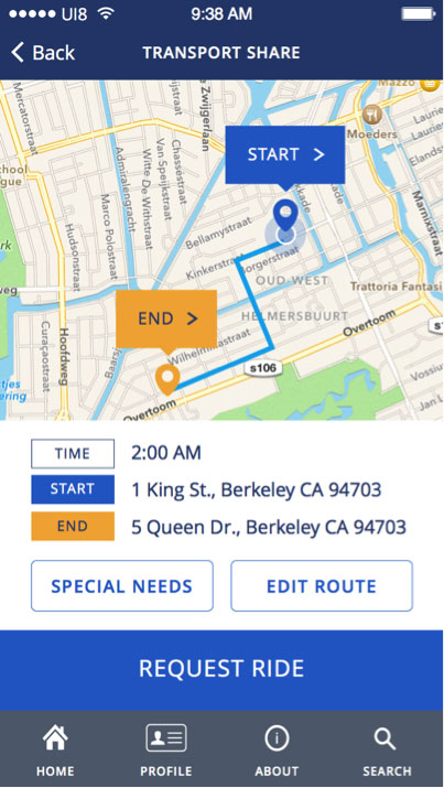 Lo stesso screenshot del riassunto della richiesta di passaggio, che mostra una mappa con i marker per “Start” e “End”, questa volta con un percorso che li collega.