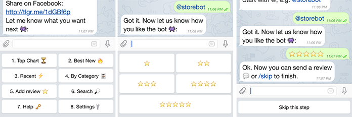 Screenshot che mostra l'interfaccia di Telegram, che usa dei pulsanti pop-up
