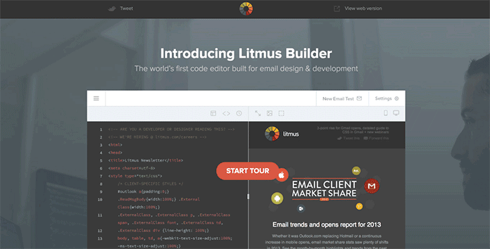 Screenshot che mostra Litmus Buildeer, un code editor creato per il design e lo sviluppo di email.