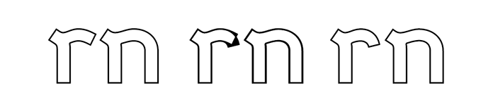 Illustrazione che mostra in che modo le minuscole ‘r’ e ‘n’ siano state modificate per prevenire l'unione dei due glifi quando sono uno accanto all'altro