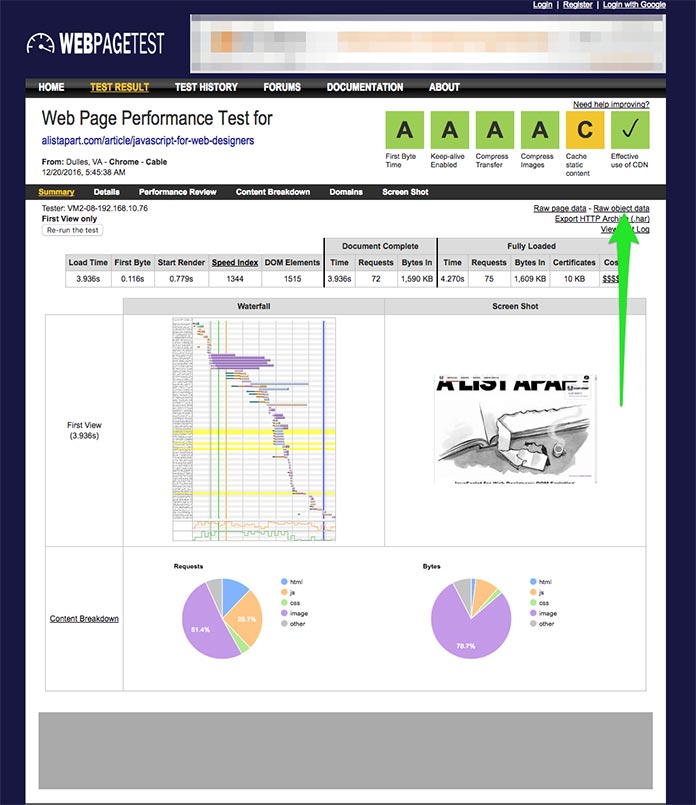 Screenshot di WebPagetest che mostra i raw object data