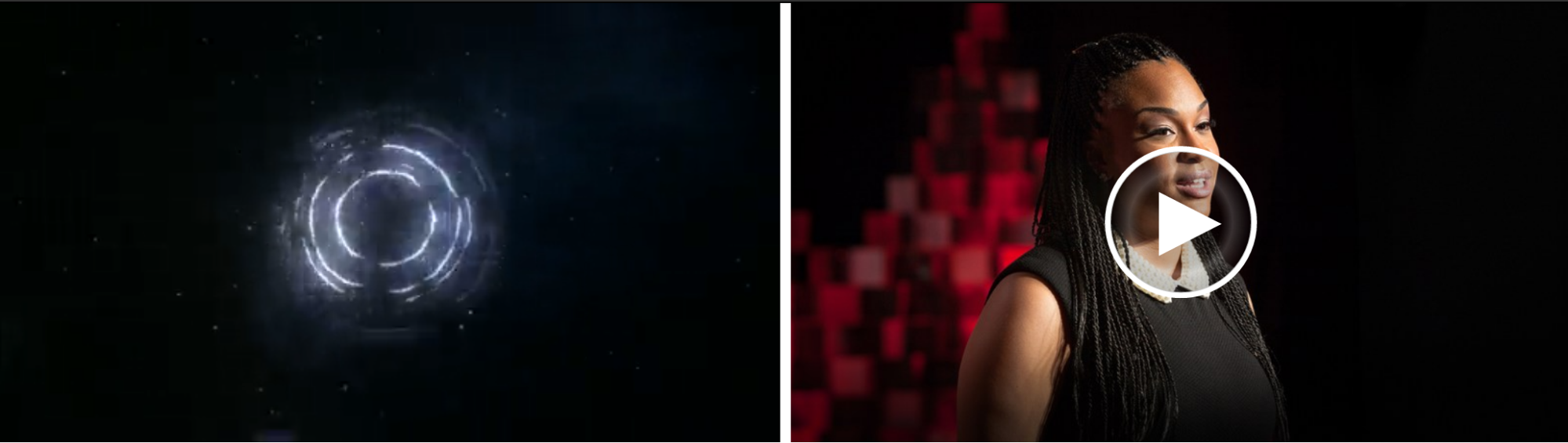 The ripple effect in the intro video on TED (left) mirrored in the play button interaction (right).