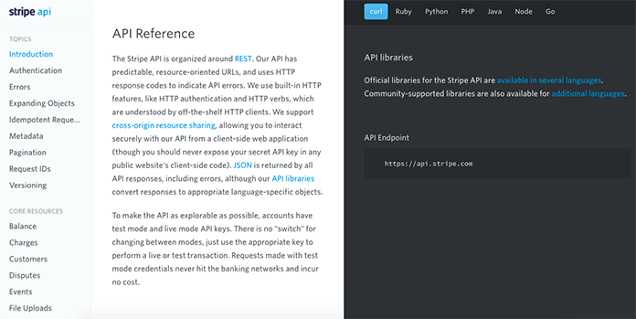 Screenshot della pagina reference della API di Stripe