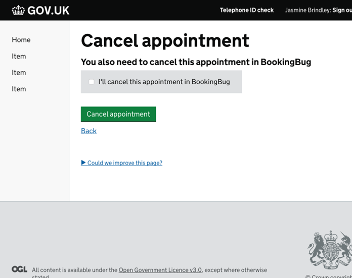 Screenshot che mostra una pagina dell'app per confermare una cancellazione