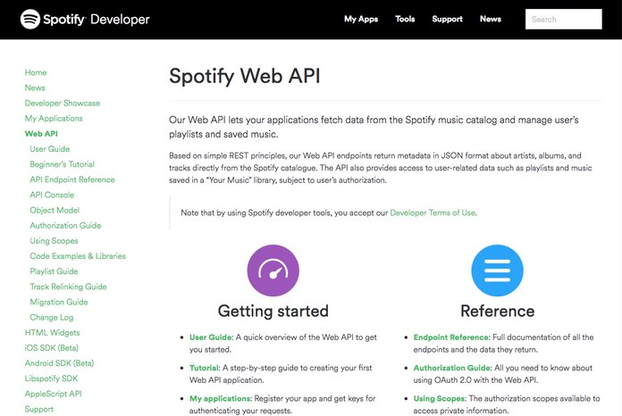Screenshot: la homepage della documentazione della API di Spotify.