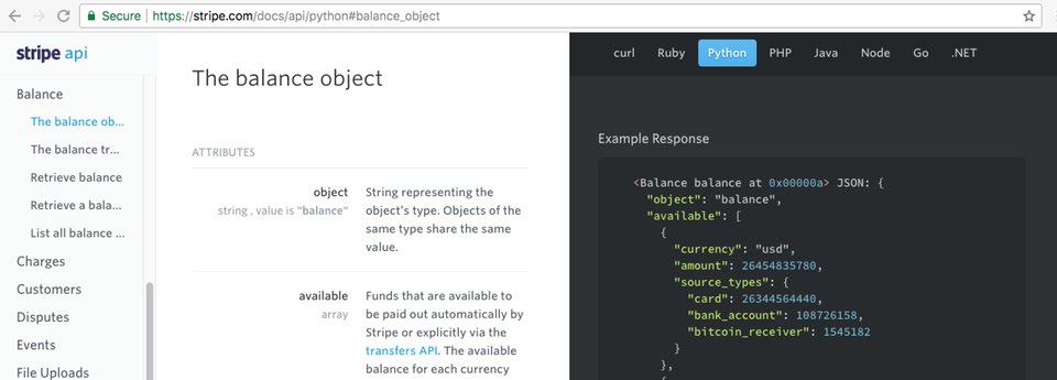 Screenshot: una sezione specifica dei documenti della Stripe API con la location bar che mostra che l'URL è cambiato.