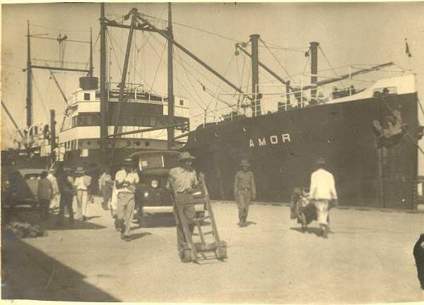 Una fotografia di una nave chiamata SS Amor, scattata dal nonno dell'autore nelle Indie Occidentali nel 1939.