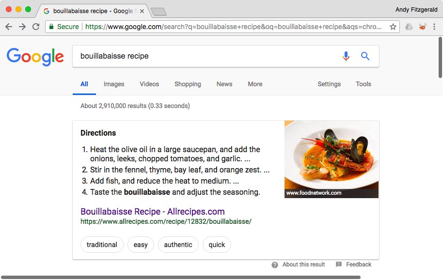 Pagina dei risultati di ricerca di Google per una ricetta di bouillabaisse che include un'immagine, indicazioni numerate e tag.