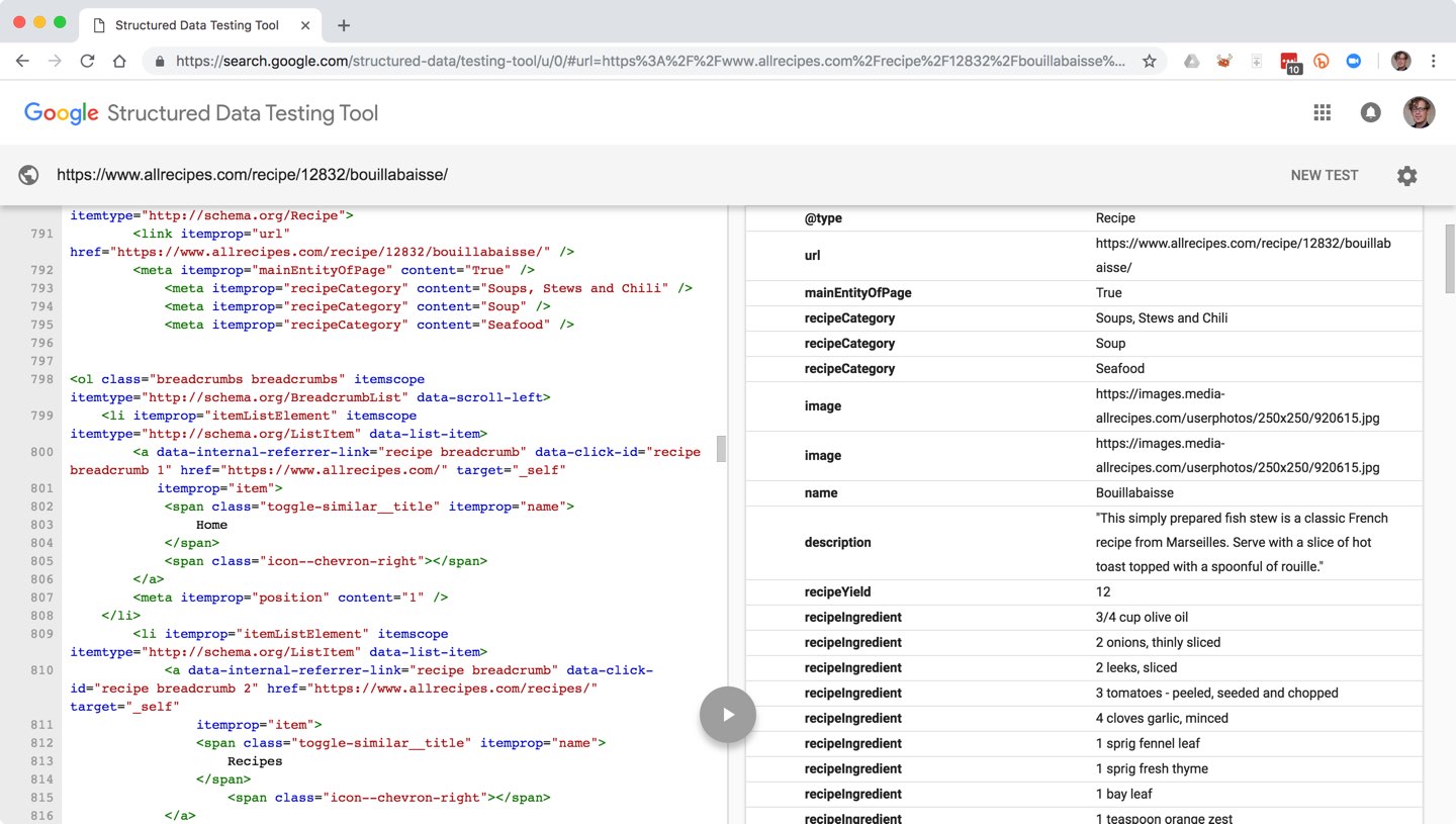 Il tool Google Structured Data Testing mostra il markup di un sito web di ricette di bouillabaisse nella metà sinistra dello schermo e gli attributi dei dati strutturati e i valori per il contenuto strutturato nella metà destra dello schermo.