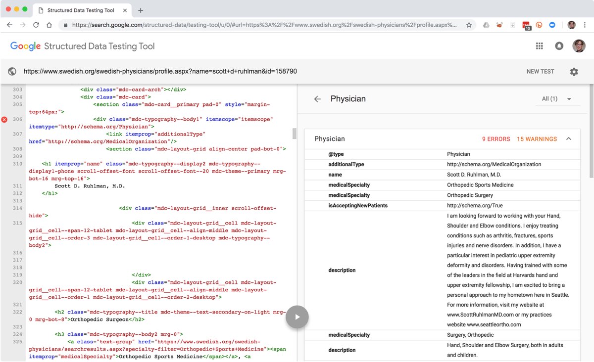 Lo strumento di Google Structured Data Testing, che mostra il markup per la pagina del profilo del Dr. Ruhlman sulla sinistra dello schermo e gli attributi e i valori dei dati strutturati per il contenuto strutturato su quella pagina sulla destra dello schermo.
