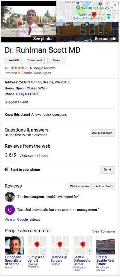 La info box dei risultati della ricerca di Google per Dr. Ruhlman, mostrano una foto, una mappa, dei rating, un indirizzo, recensioni, pusanti per fare una domanda, lasciare una recensione e aggiungere una foto, insieme ad altre persone su cui sono state fatte ricerche.