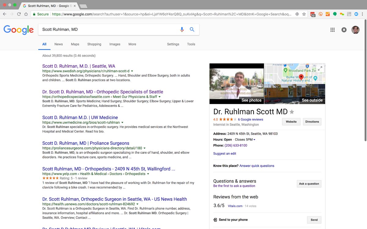 Pagina dei risultati di ricerca di Google per Scott Ruhlman, MD, che mostra un elenco di link standard e un'info box con un'immagine, una mappa, dei rating, un indirizzo e recensioni.