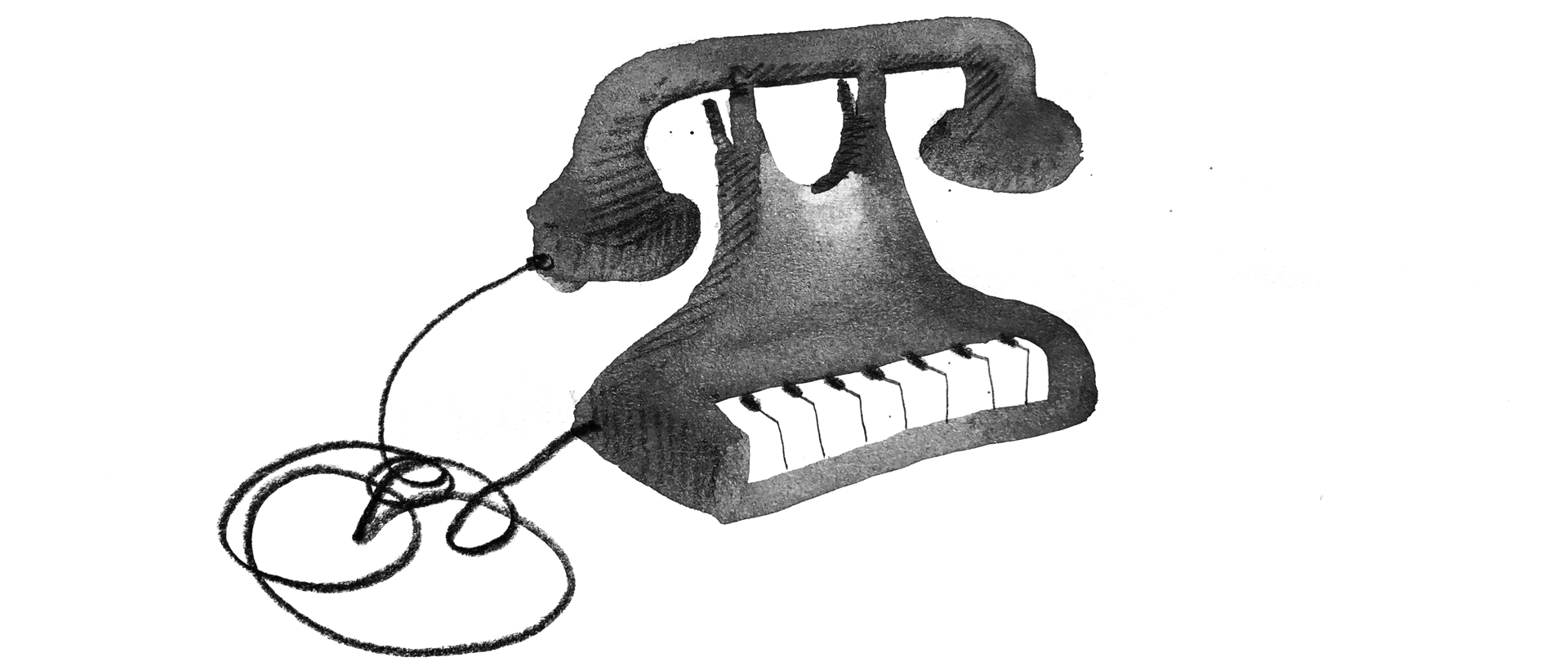 Illustration: An antique telephone holds a corded handset aloft in it cradle above piano keys where a number pad or rotary dial would normally sit.