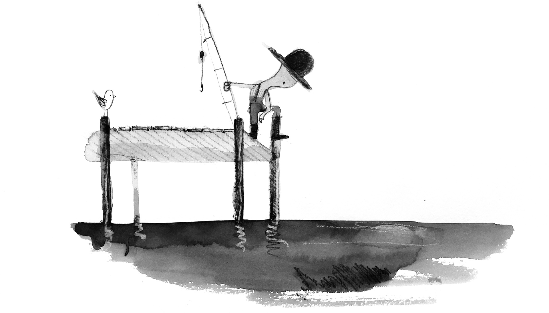 Illustration of a young fisherman looking down at the water from a pier, holding a fishing pole