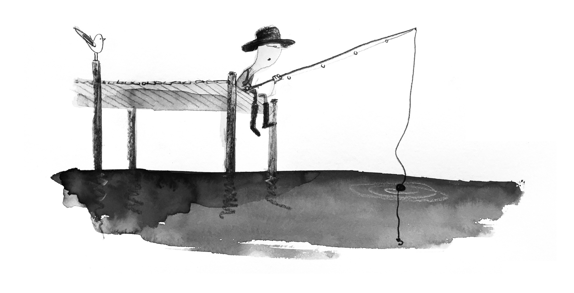 Illustration of a man fishing off of a pier