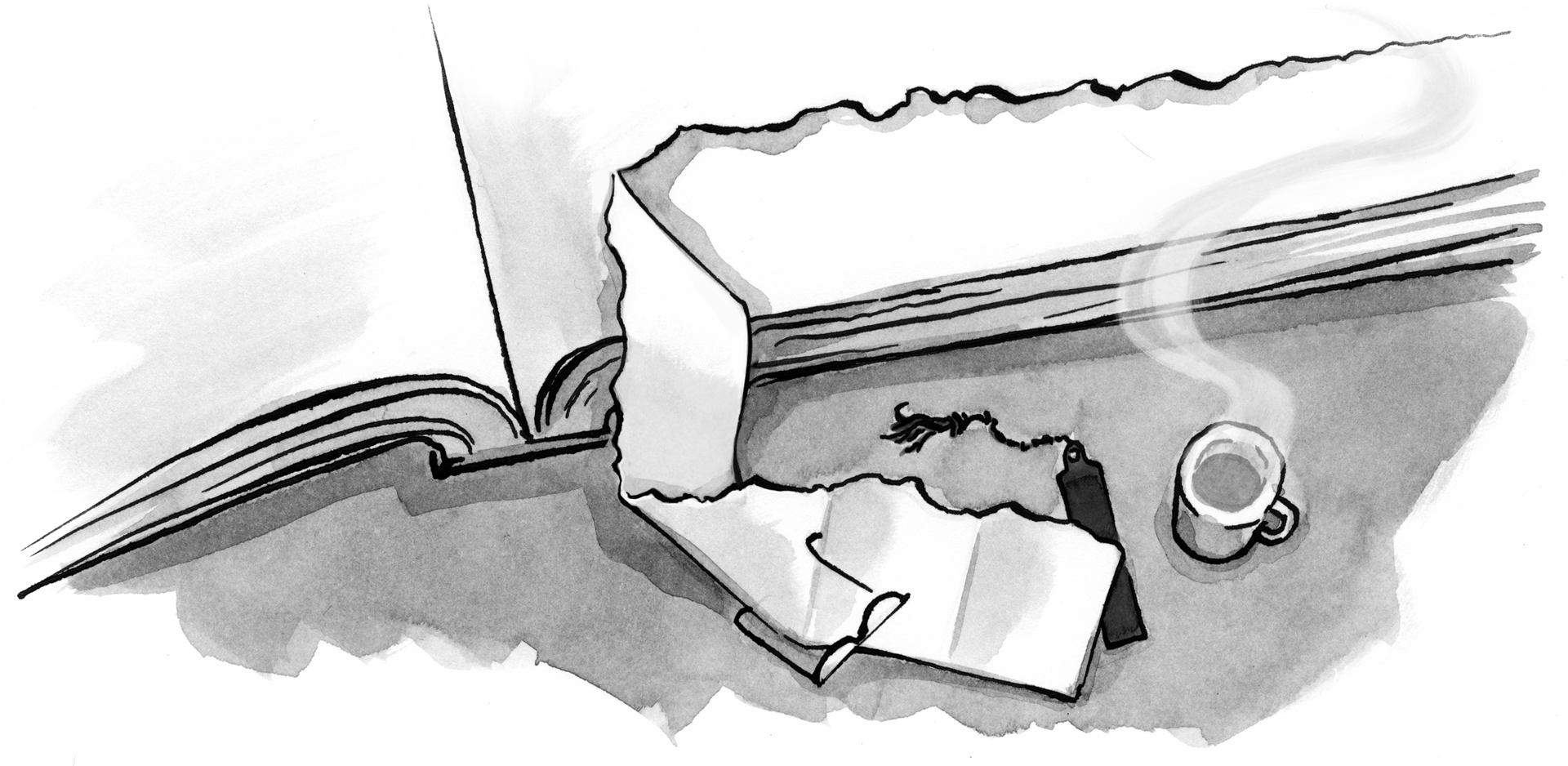 Illustration: A small piece of paper is torn from a very large book with some glasses, a bookmark, and a steaming mug of something delicious nearby.