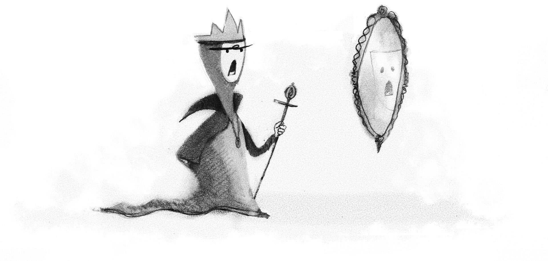 Illustration: The evil queen consults her magic mirror, who gives answers just for her.