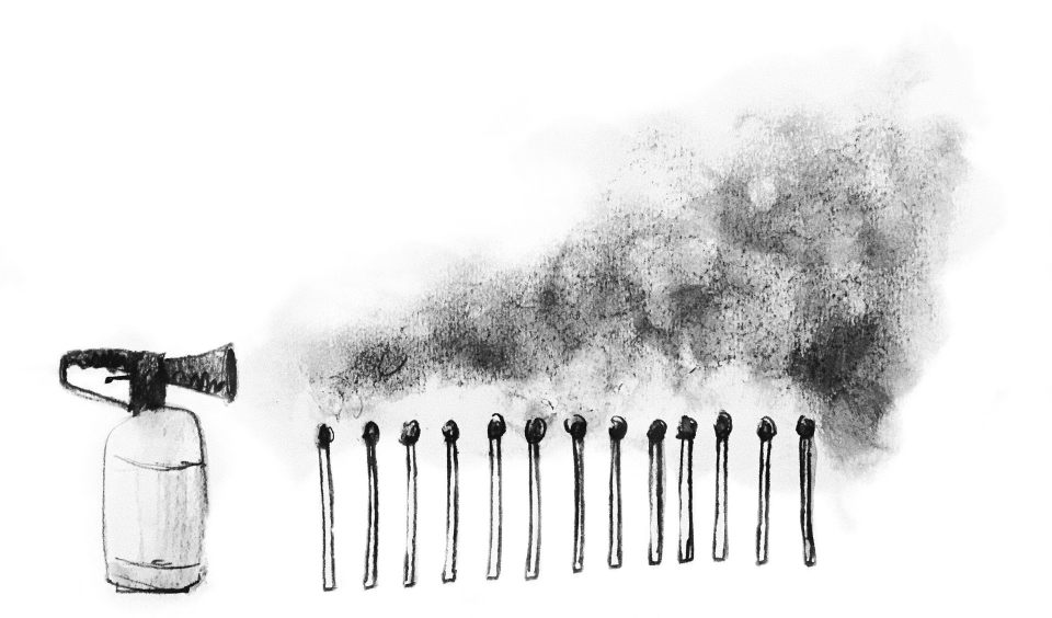 An illustration of a fire extinguisher positioned next two a row of matches that are all smoldering.