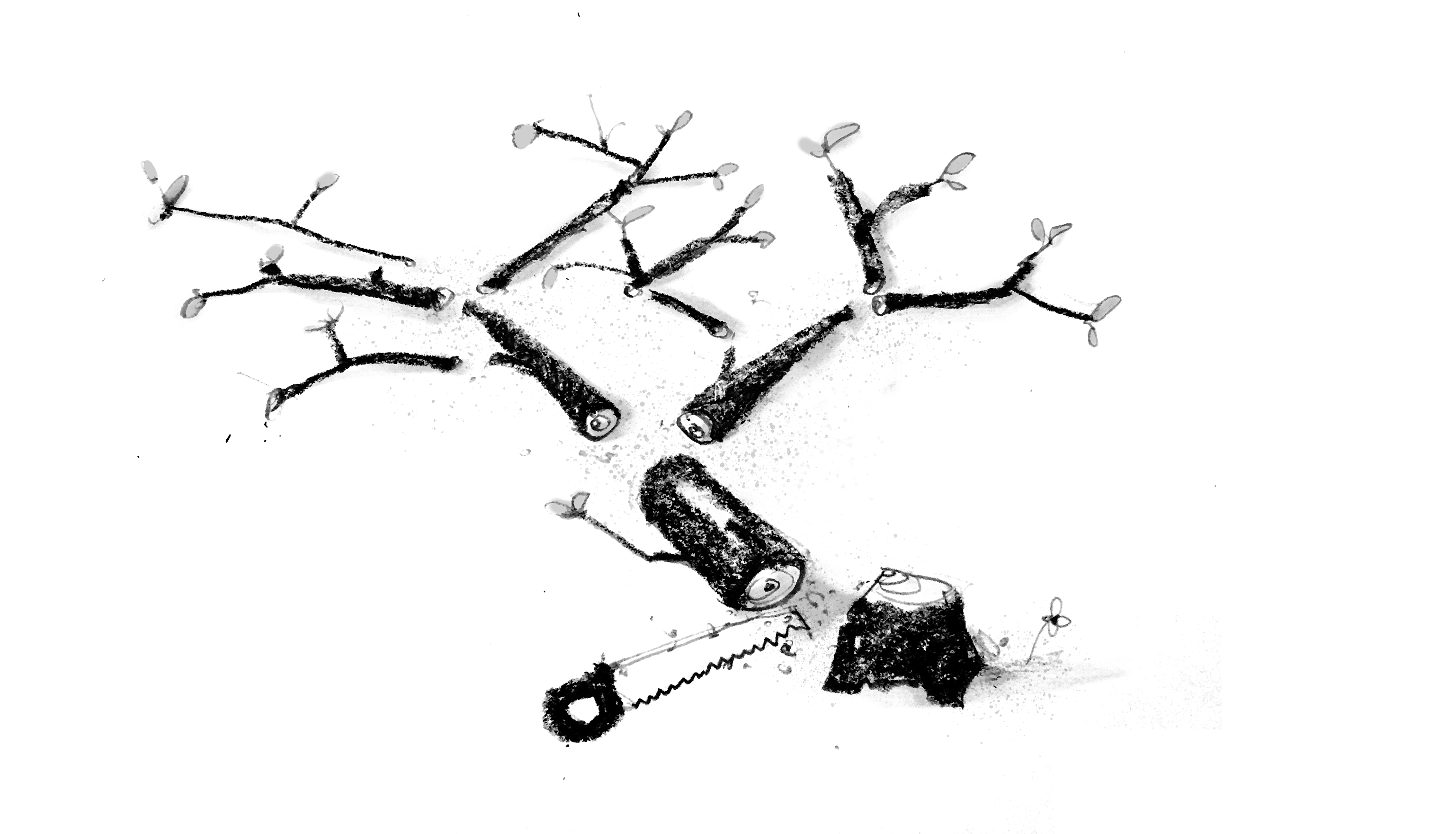 An illustration of a tree sawed at the trunk and in small pieces, with a handsaw nearby.