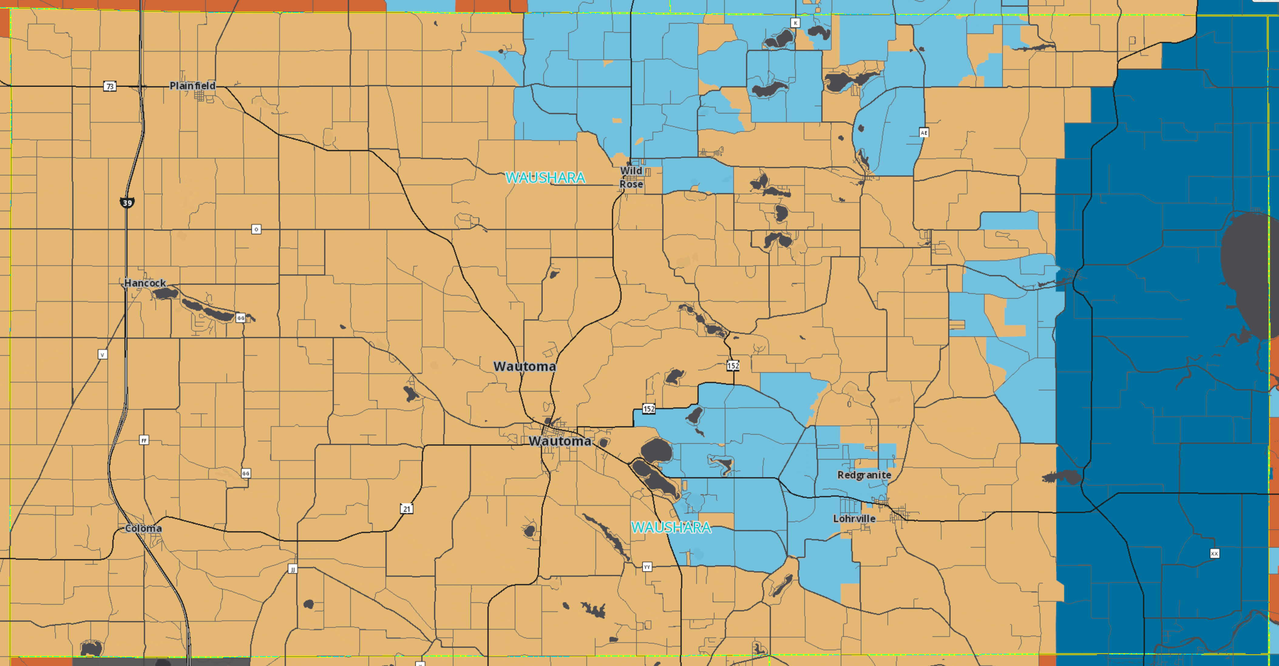 A screenshot of a wireless coverage map for Waushara County, Wisconsin with a color overlay. Most of the overlay is colored tan, which represents areas of the county which have downlink speeds between 3 and 9.99 megabits per second. There are sparse light blue and dark blue areas which indicate faster service, but are far from being the majority of the county.