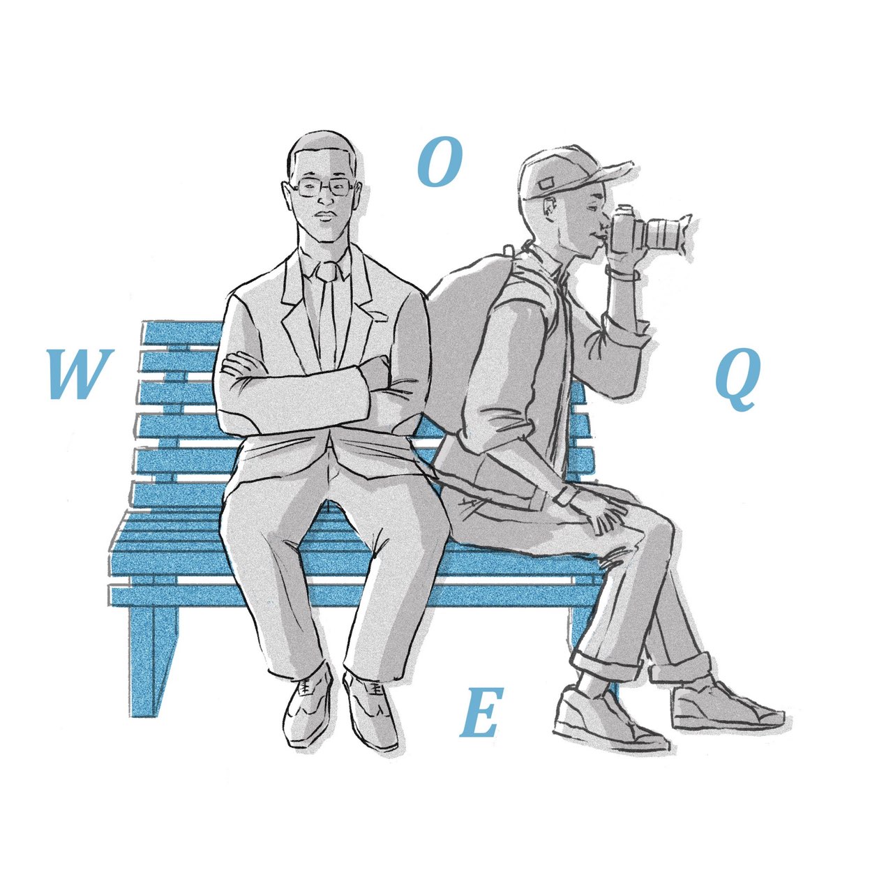 Two people sit on a bench, one in a suit with arms crossed and the other wearing a backpack while looking through a camera. The letters WOQE surround them.