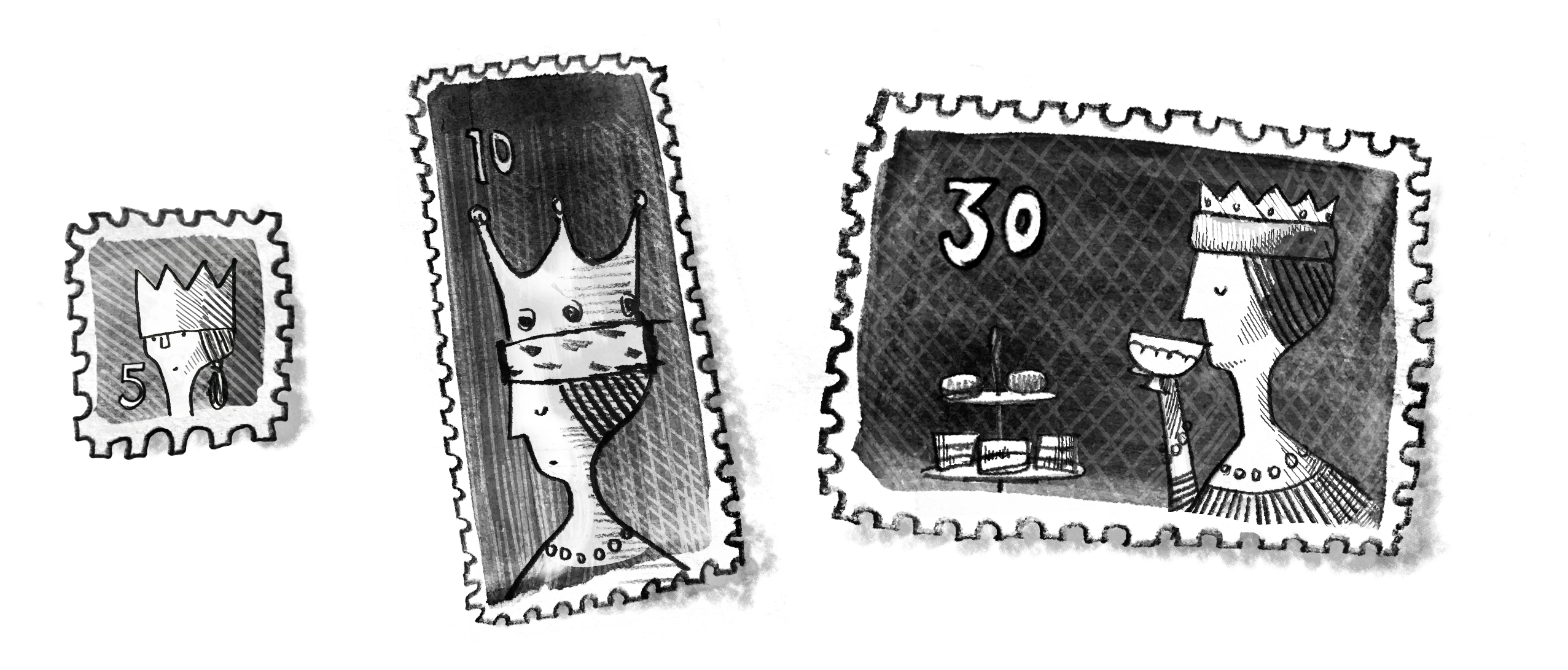 A series of stamps, each showing a queen with additional things in the periphery based on different aspect ratios of the stamps.