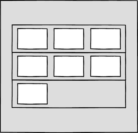 Wireframe showing three rows of boxes