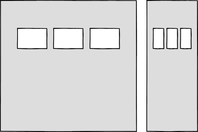 Wireframes showing three boxes at a large size, and three very narrow boxes at a mobile size