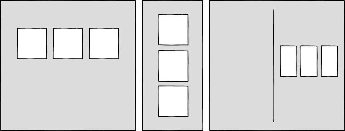 Wireframes showing different configurations of boxes at three different sizes