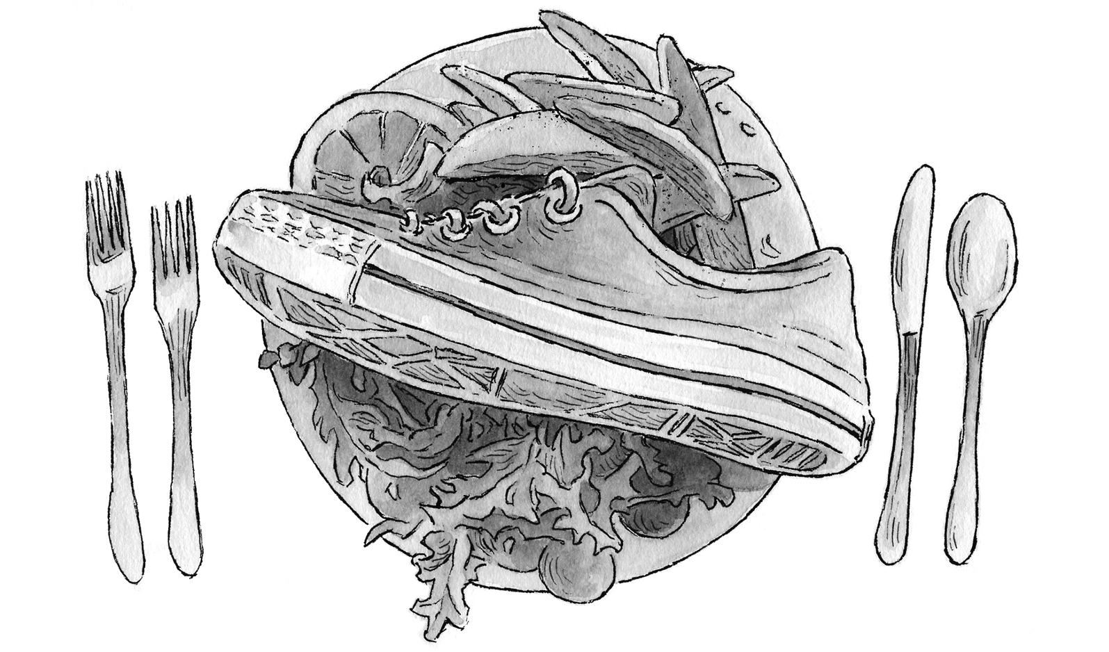 A somewhat less than delicious looking sneaker is perched atop an otherwise delectable looking dinner plate.