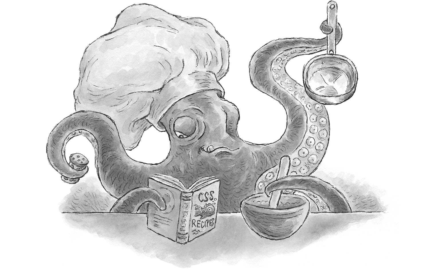 A chef octopus thoughtfully mixes a bowl while consulting a CSS recipe book